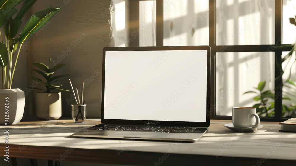 Workspace with a laptop computer on a desk, blank screen and clean layout, suitable for customization Workspace with a laptop computer on a desk, blank screen and clean layout, suitable for customization