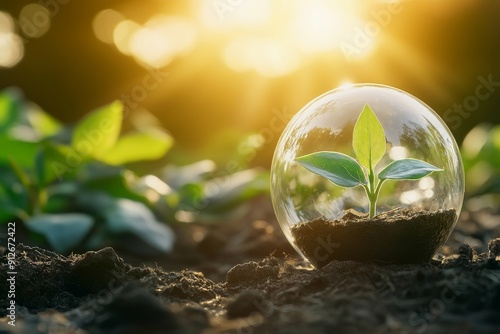 Tree growing in a glass globe ball with a green nature blur background. An eco earth day concept.