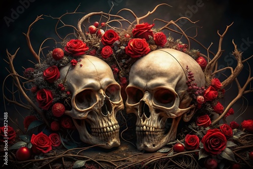 Two ornate skulls adorned with thorny vines and surrounded by red roses, set against a dark, mystifying background with subtle, eerie lighting effects. photo