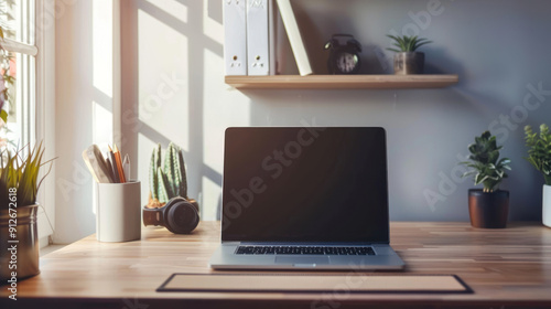 Wallpaper Mural Workplace with a laptop computer on a desk, screen empty and ready for content, minimalist setup Torontodigital.ca