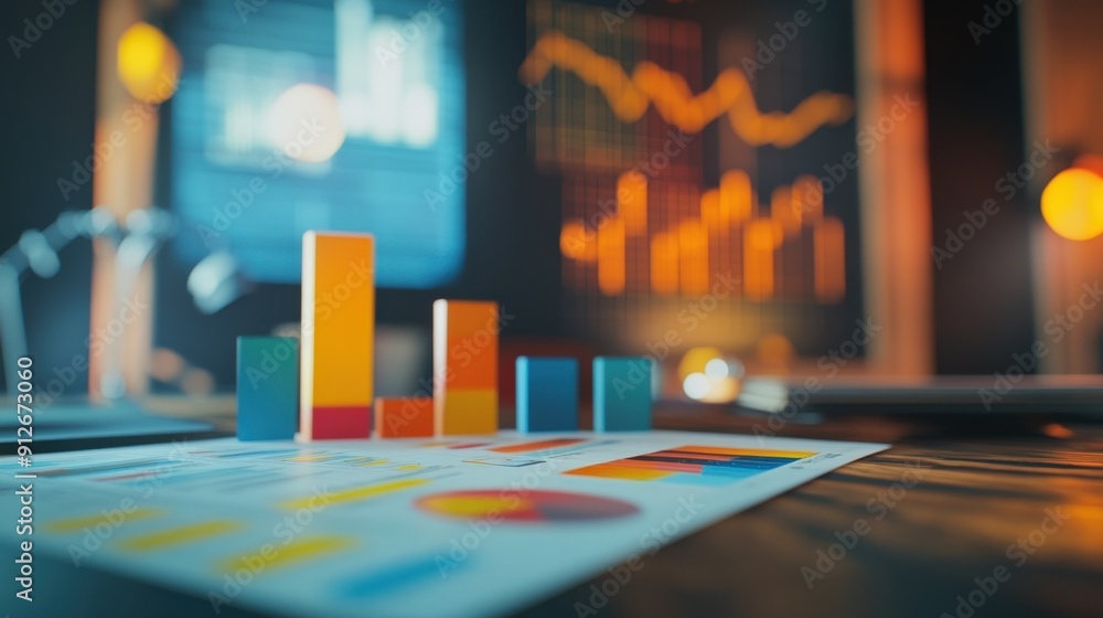 Closeup of a colorful bar chart on a desk with a blurred background of a screen displaying graphs and charts. Closeup of a colorful bar chart on a desk with a blurred background of a screen displaying graphs and charts.