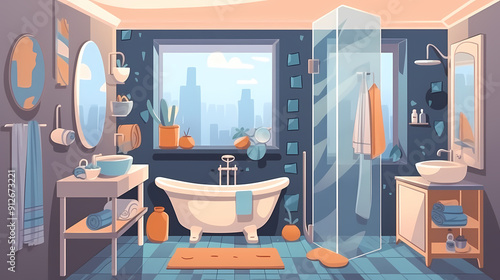 Bath room interior with bathtub and toilet bowl, cabinets and mirrors, cleaning products, and towels. Cartoon vector shower space with window and carpet on floor.