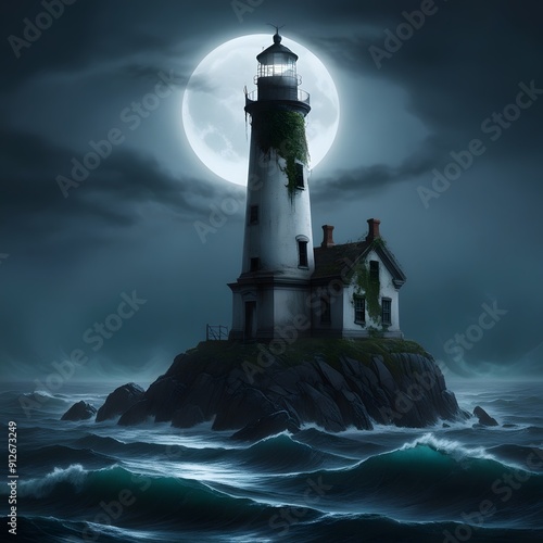 lighthouse on the shore of the sea, light house with horror looks and moon light