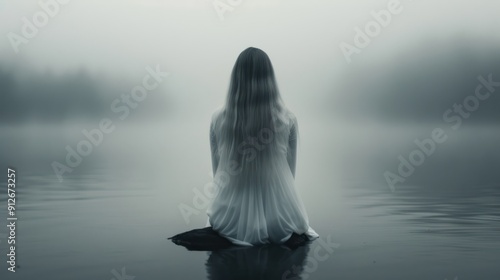 A ghostly woman with long hair, sitting on a rock by the river in the haunted forest