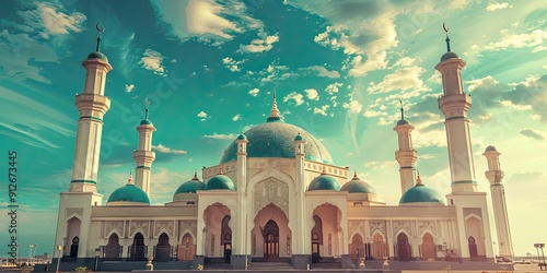 A white mosque with green domes under a blue sky. photo