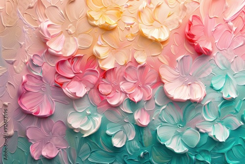 Abstract Floral Painting with Pink, Yellow, and Green Flowers