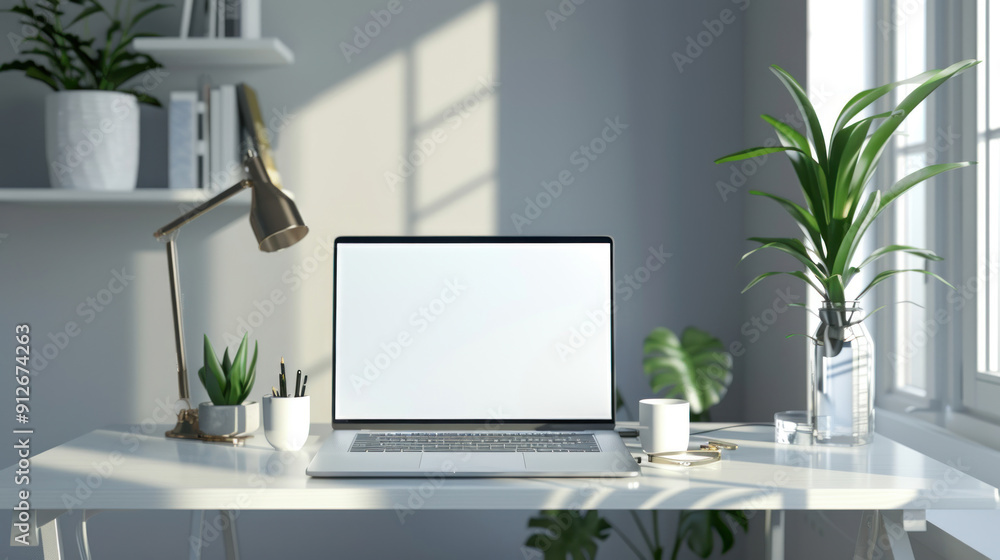 Tidy desk in a modern office with a laptop featuring a blank screen, ready for your design or content Tidy desk in a modern office with a laptop featuring a blank screen, ready for your design or content
