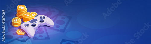 Isometric banner of pile of gold coins and gamepad on blue background.