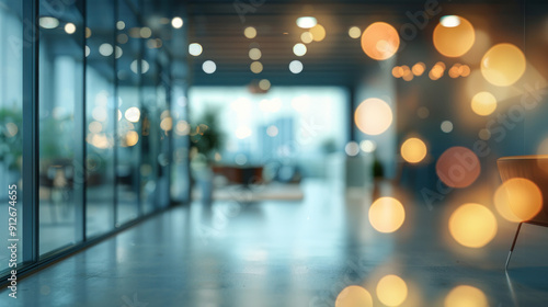 Soft bokeh lights in a blurred empty office space, creating an abstract and modern interior scene