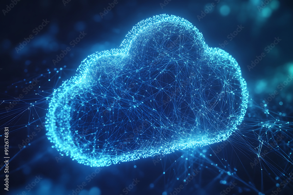 An abstract digital background illustrating the concept of cloud storage with a network of interconnected data points and a central cloud icon An abstract digital background illustrating the concept of cloud storage with a network of interconnected data points and a central cloud icon