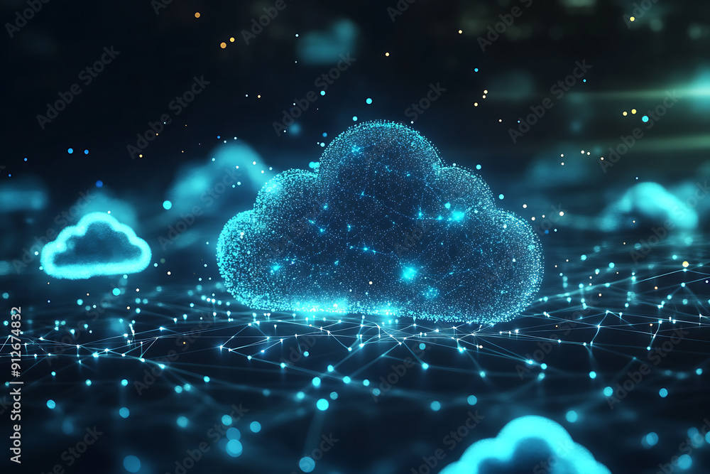 An abstract digital background illustrating the concept of cloud storage with a network of interconnected data points and a central cloud icon An abstract digital background illustrating the concept of cloud storage with a network of interconnected data points and a central cloud icon