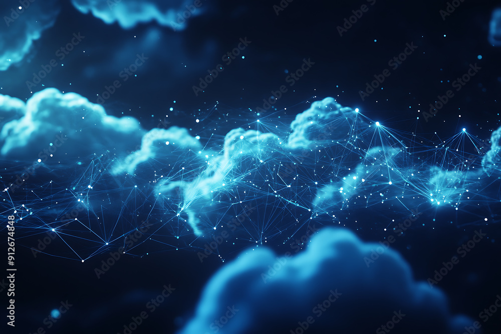 An abstract digital background illustrating the concept of cloud storage with a network of interconnected data points and a central cloud icon An abstract digital background illustrating the concept of cloud storage with a network of interconnected data points and a central cloud icon