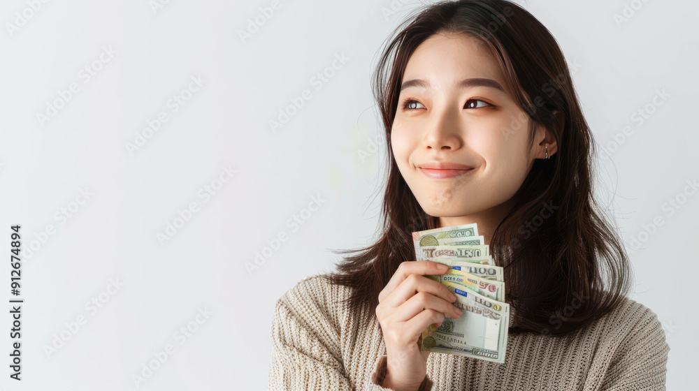 Smiling Asian woman holding South Korean won bills, thinking and isolated on a white background Smiling Asian woman holding South Korean won bills, thinking and isolated on a white background