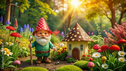 Whimsical garden flag mockup showcasing a cheerful cartoon gnome standing in front of his bright colored mushroom house surrounded by lush greenery and flowers.