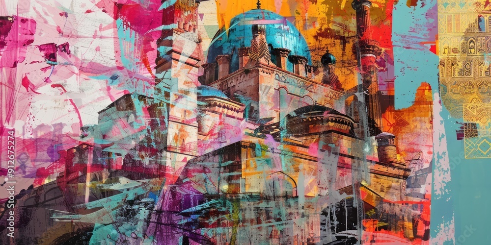 Abstract painting of a colorful mosque. Abstract painting of a colorful mosque.