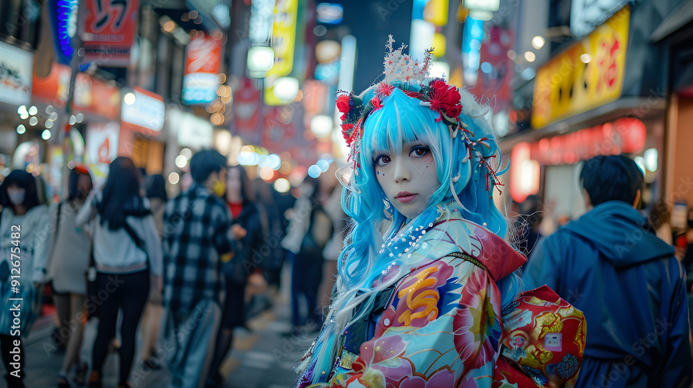Japanese cosplayer in elaborate anime costume in crowded shopping district Japanese cosplayer in elaborate anime costume in crowded shopping district
