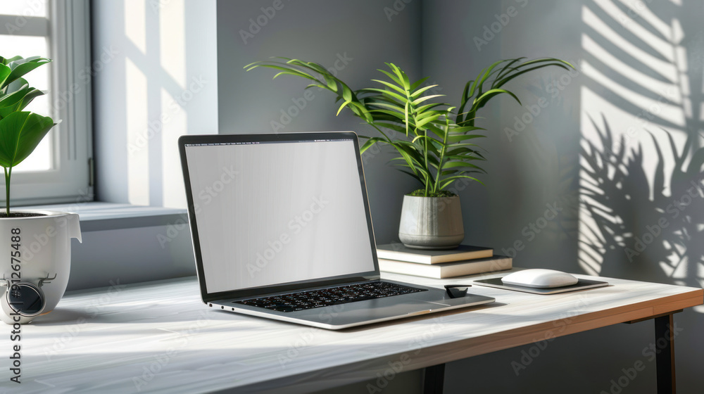 Office desk with a laptop showing an empty display, providing ample space for your content, minimalist style Office desk with a laptop showing an empty display, providing ample space for your content, minimalist style