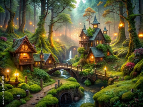 Vibrant fairy village with tiny cottages, twinkling lights, and intricate bridges nestled among lush green trees, mossy rocks, and misty atmosphere in enchanted forest.