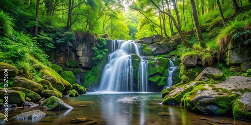 Waterfall surrounded by lush green trees and boulders in a serene forest setting, waterfall, forest, nature, landscape, stream