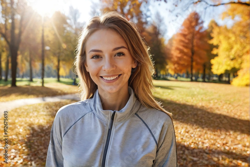 Portrait of a cheerful Caucasian woman walking in the autumn park at morning, smiling and looking at the camera, copy space