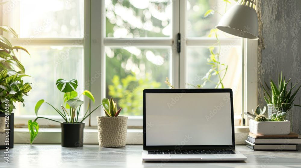 Workplace with a laptop computer on a desk, screen empty and ready for content, minimalist setup Workplace with a laptop computer on a desk, screen empty and ready for content, minimalist setup