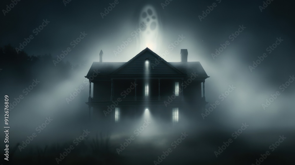 A grand, haunted mansion with ghostly figures peering out of the windows A grand, haunted mansion with ghostly figures peering out of the windows