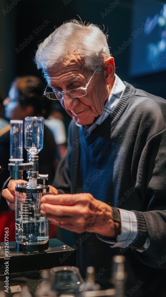 An elderly man carefully conducts an experiment using laboratory equipment, focused and engaged in the process An elderly man carefully conducts an experiment using laboratory equipment, focused and engaged in the process