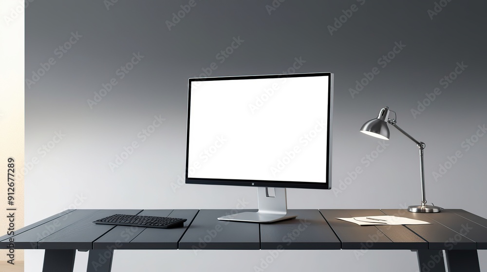 Fototapeta premium Computer with blank screen on work desk with side view