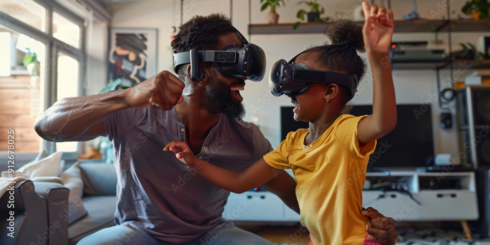 Fototapeta premium A happy father and daughter wear VR headsets and interact playfully, enjoying a virtual reality experience together in their living room.