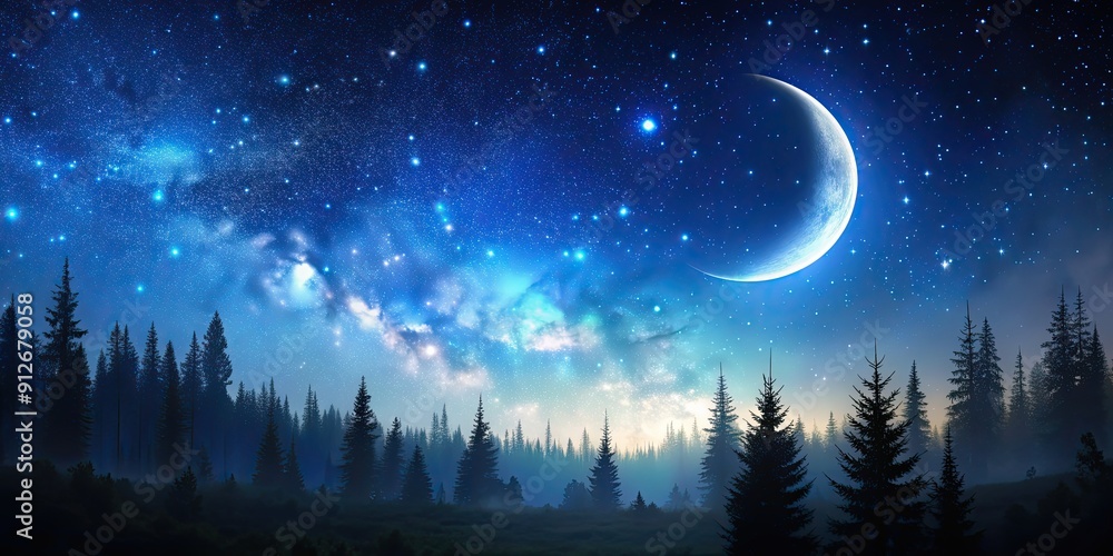 Night sky with crescent moon and stars over a forest background, night sky, crescent moon, stars, trees, forest Night sky with crescent moon and stars over a forest background, night sky, crescent moon, stars, trees, forest