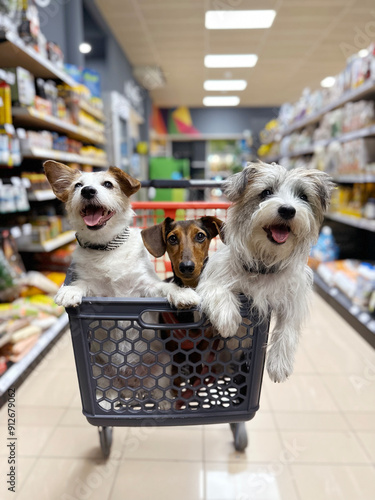 Three cute dogs inside of a shopping cart going shopping to supermarket or pet sstore photo