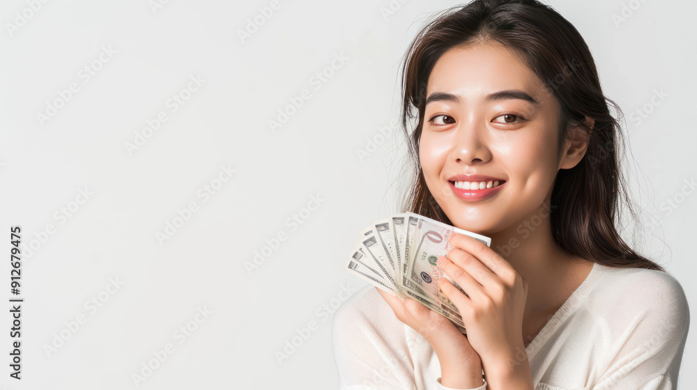 Happy Asian woman holding South Korean won bills, smiling and deep in thought, isolated on a white background Happy Asian woman holding South Korean won bills, smiling and deep in thought, isolated on a white background