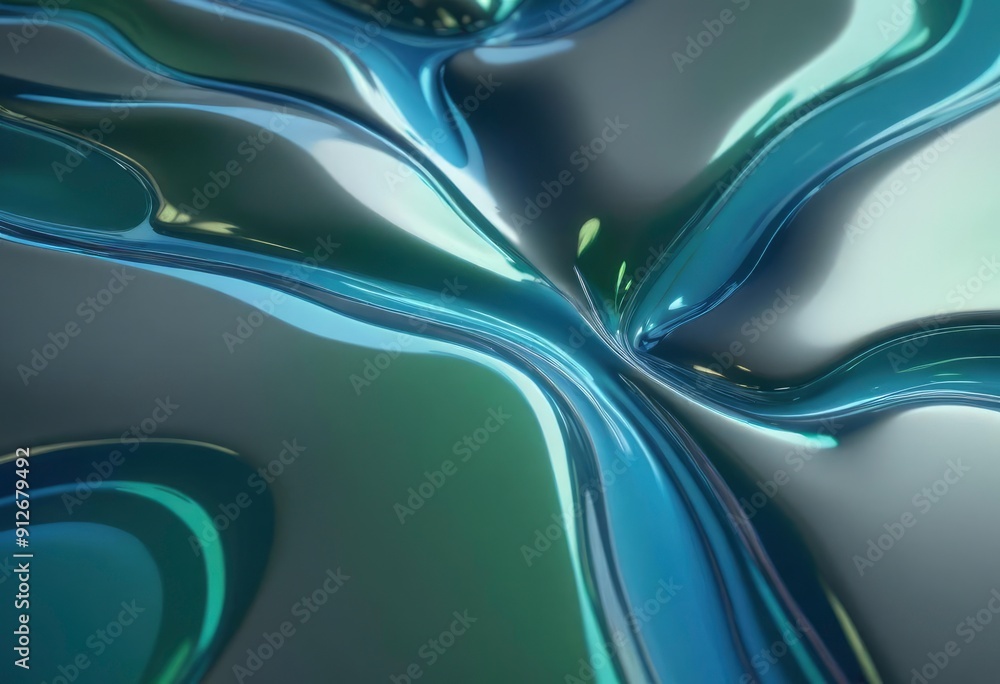 Fototapeta premium 35mm film photography, liquid metal background showing a smooth surface with ripples and subtle gradients of blue and green, high detail, vibrant color palette, cold light tones, blue tones, ai