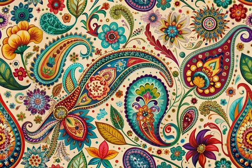 Vibrant paisley pattern featuring intricate floral motifs, abstract shapes, and delicate swirls in a kaleidoscope of colors, creating a mesmerizing visual feast.
