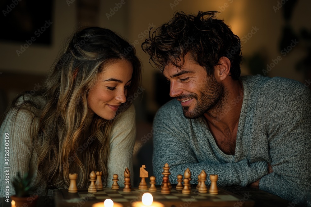 A cozy scene of a couple immersed in a warm and intimate chess game, with candles lit around them to enhance the romantic and intellectual atmosphere of the moment. A cozy scene of a couple immersed in a warm and intimate chess game, with candles lit around them to enhance the romantic and intellectual atmosphere of the moment.