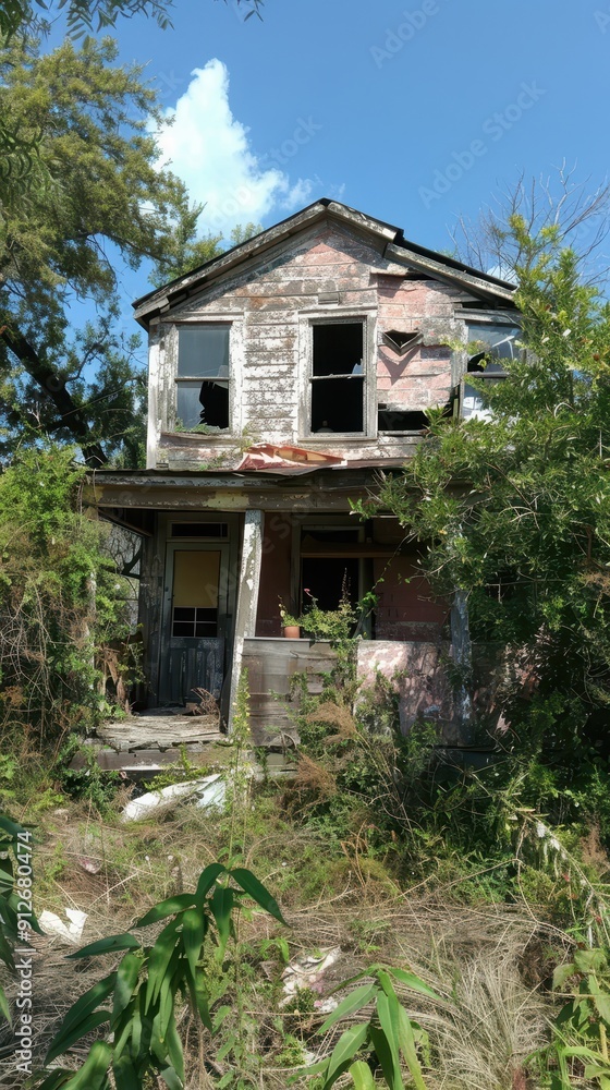 An old, dilapidated house stands with broken windows, overtaken by nature under a clear blue sky An old, dilapidated house stands with broken windows, overtaken by nature under a clear blue sky