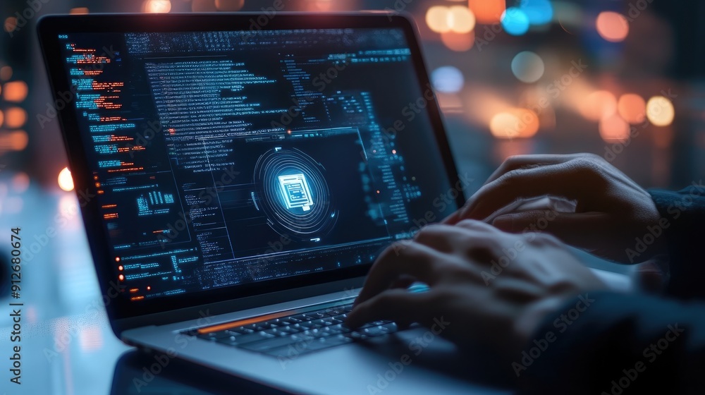 Hands on a laptop, virtual screens with cybersecurity analysis, immersive high-tech setting Hands on a laptop, virtual screens with cybersecurity analysis, immersive high-tech setting
