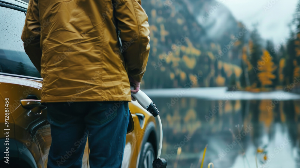 Close-up of an electric car charging port, man using a white power cable, with a scenic nature background Close-up of an electric car charging port, man using a white power cable, with a scenic nature background