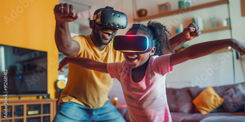 A father and his daughter enjoy a fun, interactive gaming experience together.