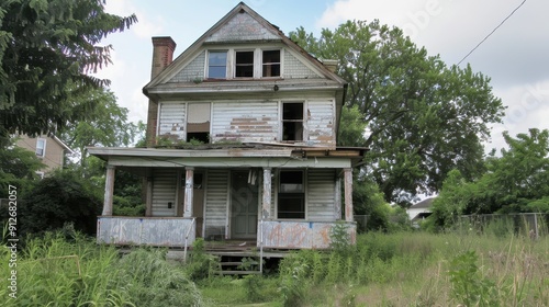 Wallpaper Mural The dilapidated house sits vacant, its paint peeling under a blue sky with puffy clouds Torontodigital.ca