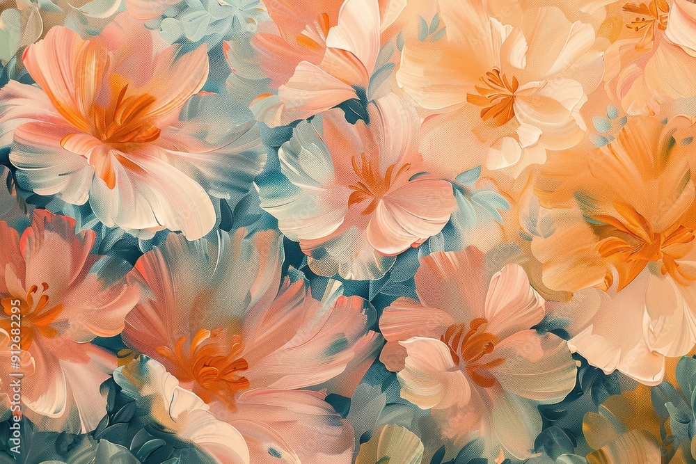 Close-up Abstract Painting of Peach and Teal Flowers Close-up Abstract Painting of Peach and Teal Flowers