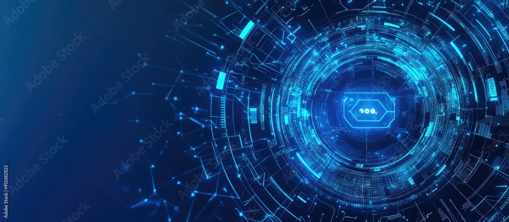 Obraz premium Digital AI concept with circular interface on a blue background showcasing modern high tech design and ample copy space