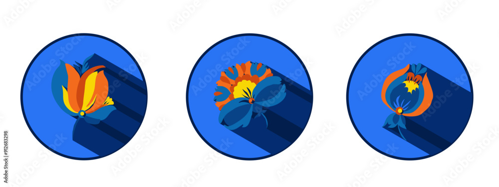 Flower logo with shadows. Traditional Ukrainian painting of Petrykivka. Elements of blue and yellow floral ornament. Decorative vector illustration. Flower logo with shadows. Traditional Ukrainian painting of Petrykivka. Elements of blue and yellow floral ornament. Decorative vector illustration.