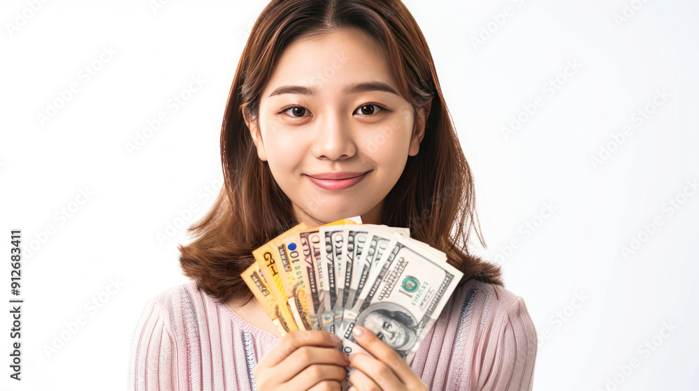 Cheerful Asian woman with South Korean won money in hands, looking thoughtful and smiling, isolated on white background Cheerful Asian woman with South Korean won money in hands, looking thoughtful and smiling, isolated on white background