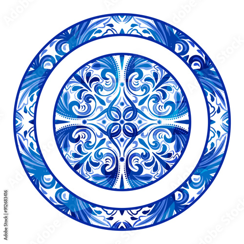 Blue ceramic pattern. Traditional tribal ornament. Capri Maiolica. Delft Blue and White.