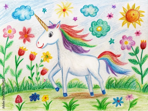 Whimsical crayon drawing of a magical unicorn prancing in a vibrant field of colorful flowers, depicted in a childlike 4-year-old's simple yet charming scribble.