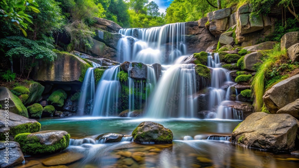 Waterfall cascading down rocks creating a serene and refreshing atmosphere, Nature, landscape, water, flow, cascade, rocks Waterfall cascading down rocks creating a serene and refreshing atmosphere, Nature, landscape, water, flow, cascade, rocks