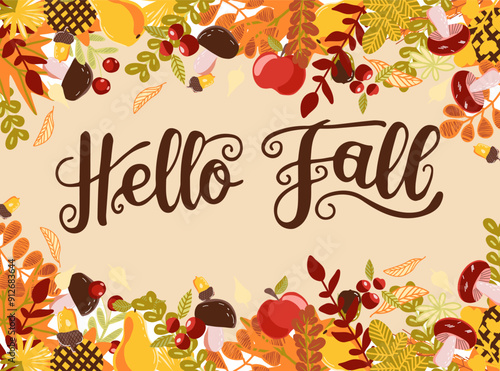 Hello Fall lettering, autumn decorative vector card.