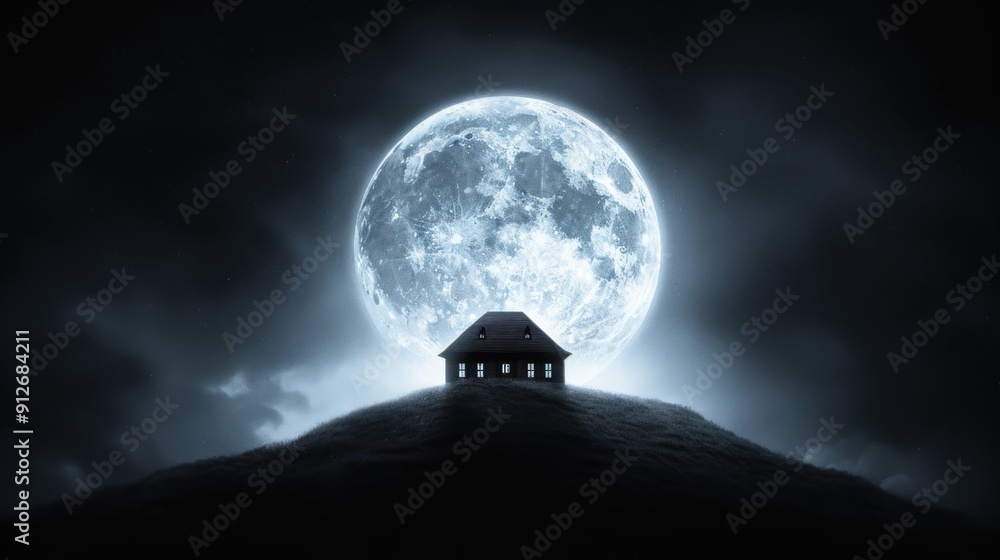 A haunted house perched on a hill, with ghostly figures visible in the windows under a full moon A haunted house perched on a hill, with ghostly figures visible in the windows under a full moon