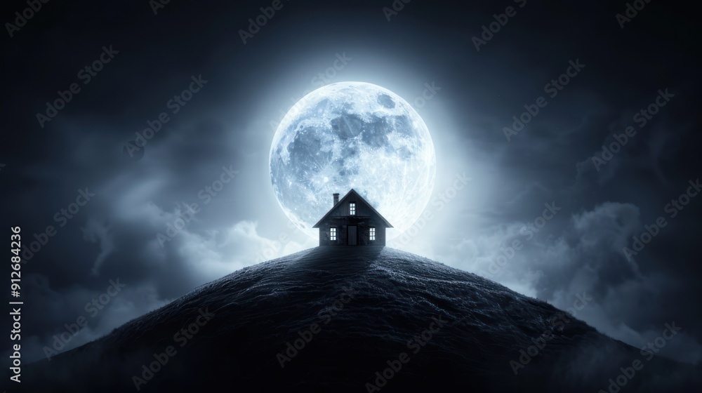 A haunted house perched on a hill, with ghostly figures visible in the windows under a full moon A haunted house perched on a hill, with ghostly figures visible in the windows under a full moon